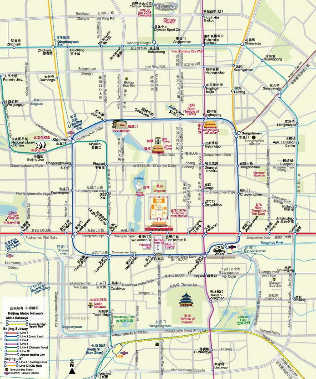 خريطة مترو انفاق بكين خريطة مع مناطق الجذب السياحي
